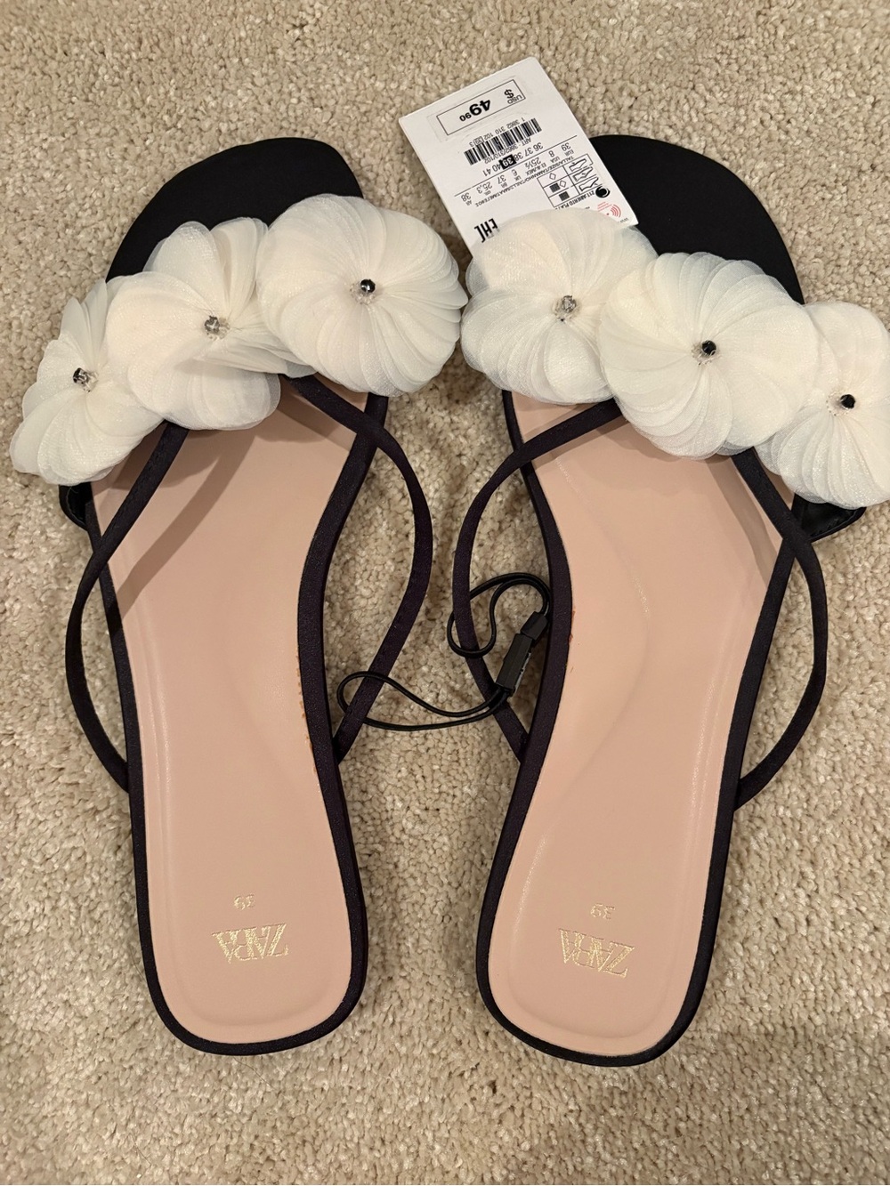 Zara Black Sandals with White Floral Accent